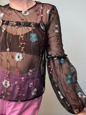 A New Day Sheer Black Floral Colorful Embroidered Long Puffy Sleeve Top